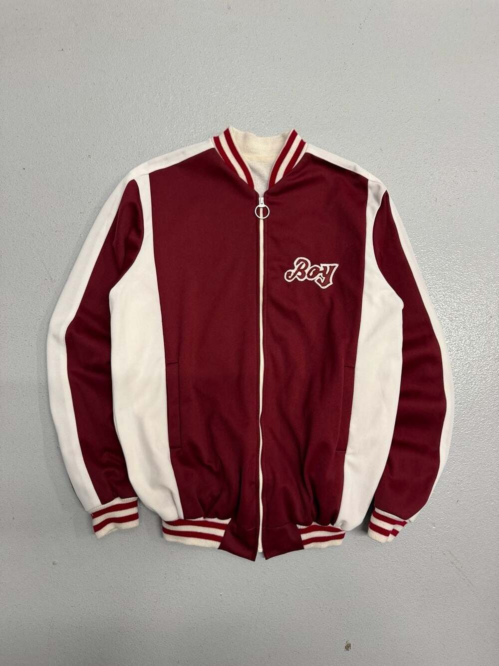 Vintage 70s/80s Burgundy and White “Boy” Varsity Style Zip-Up Track Jacket